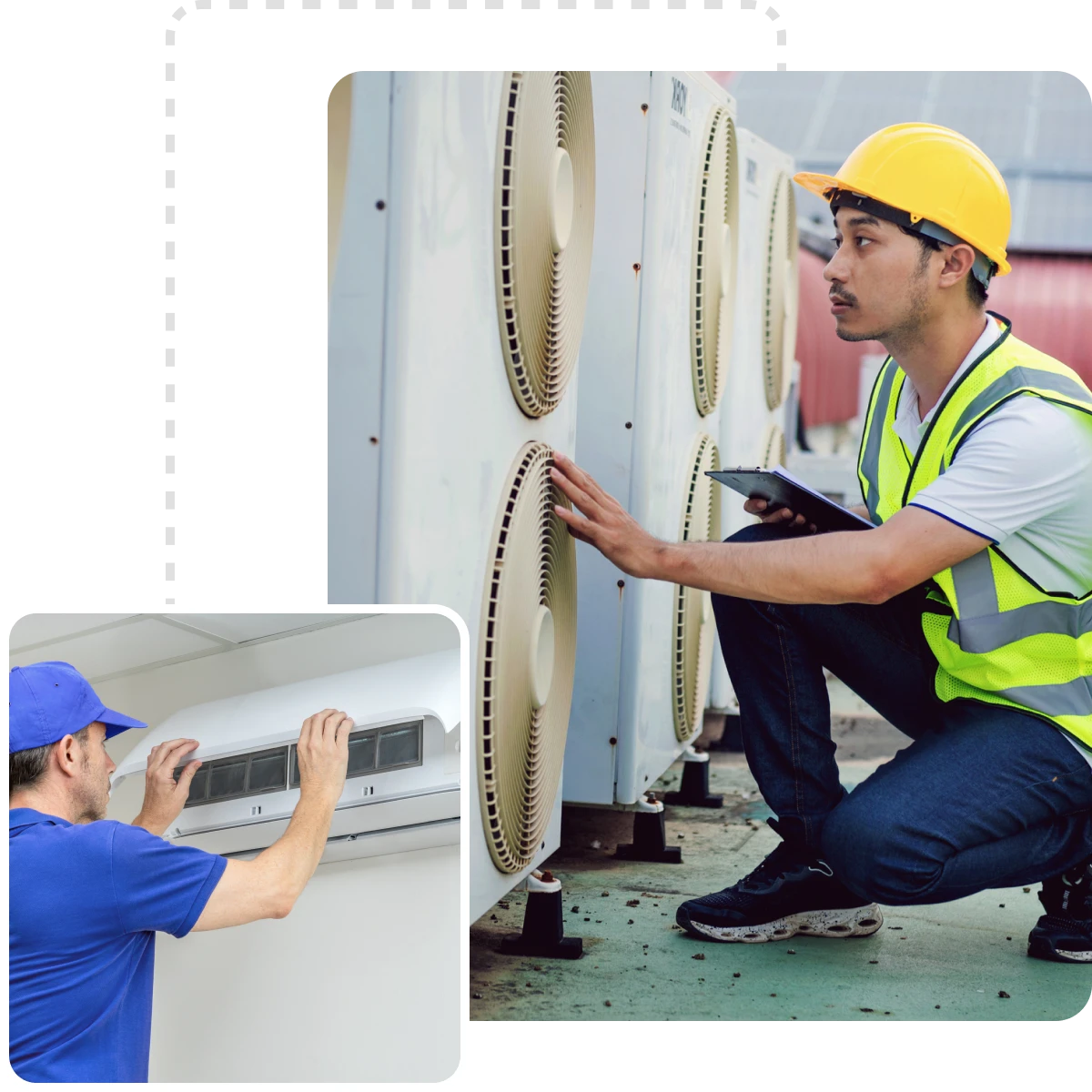 Technicians inspecting air conditioning units outdoors.
