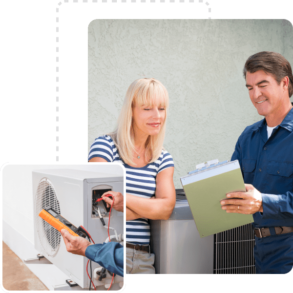 Technician discussing HVAC system with customer.